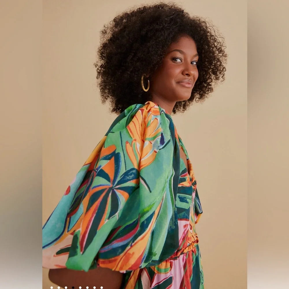 Farm Rio Multicolor Banana Foliage Puff Sleeve Midi Dress - Picture 4 of 12